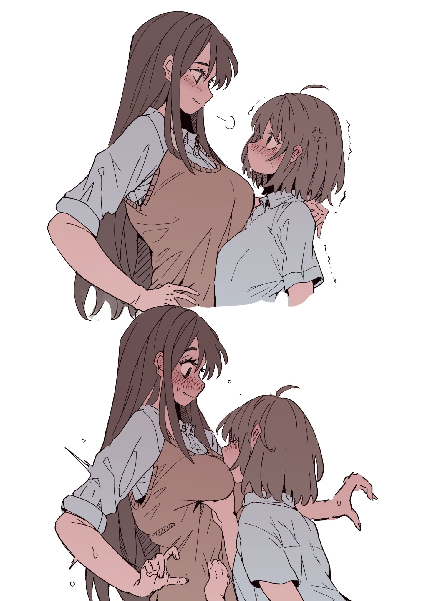 huyunokure, original, commentary request, highres, 2girls, ahoge, anger vein, blush, brown hair, brown sweater vest, closed mouth, collared shirt, full body, grabbing another's breast, groping, height difference, long hair, multiple girls, school uniform, shirt, short hair, short sleeves, simple background, sweat, sweater vest, white background, white shirt, yuri