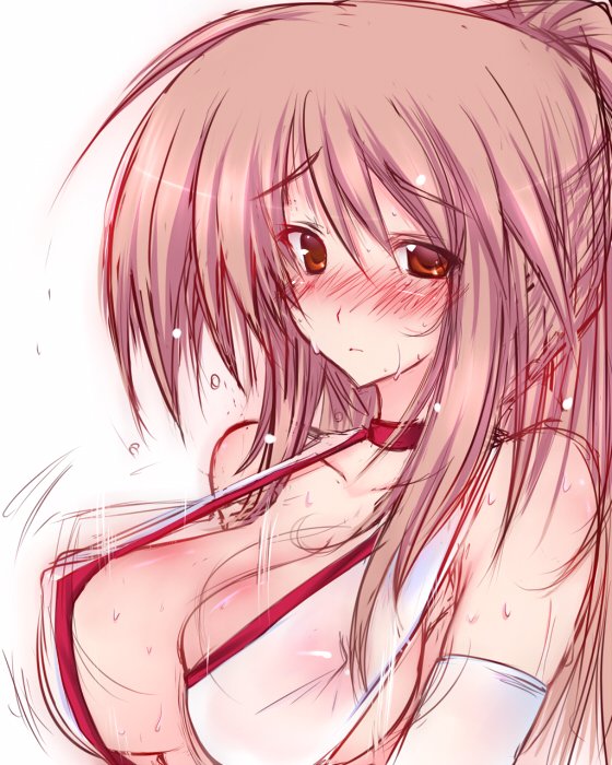nakabayashi ryuu, kasumi (doa), dead or alive, tecmo, bad id, bad pixiv id, bare shoulders, blush, bouncing breasts, breasts, brown hair, choker, covered erect nipples, detached sleeves, large breasts, long hair, ponytail, red eyes, solo, sweat