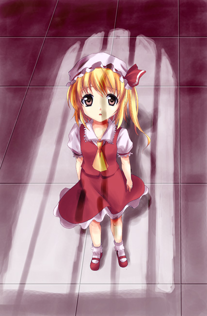 kanae arisu, flandre scarlet, touhou, 1girl, blonde hair, blouse, collared shirt, female focus, full body, hat, indoors, mob cap, red shoes, ribbon, shirt, shoes, short hair, socks, solo, standing, white hat, white shirt, white socks