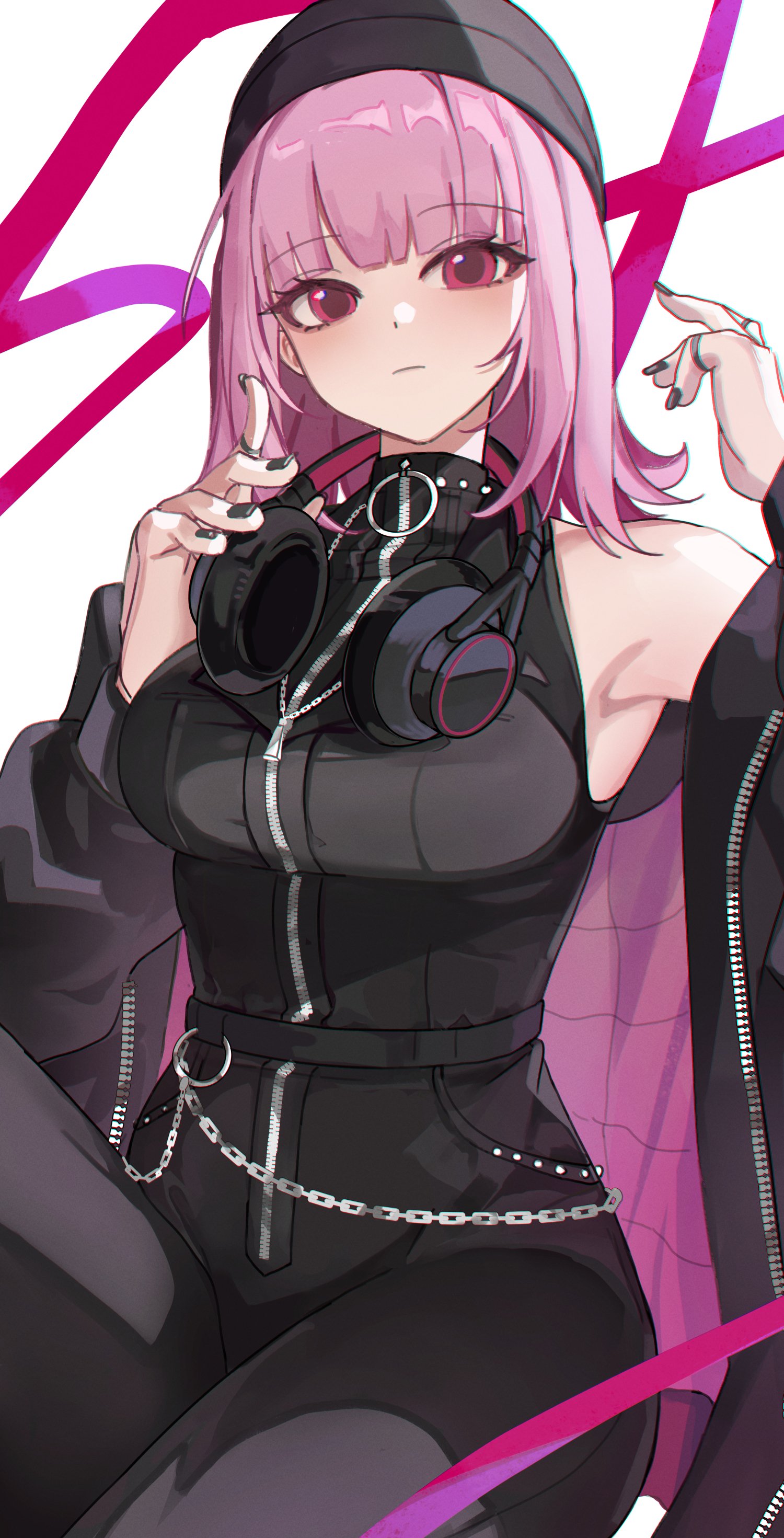 venn (vebonbon), mori calliope, mori calliope (the story thus far), hololive, hololive english, absurdres, highres, 1girl, armpits, beanie, black jacket, black jumpsuit, black nails, closed mouth, hat, headphones, headphones around neck, jacket, jewelry, jumpsuit, looking at viewer, medium hair, official alternate costume, official alternate hairstyle, pink eyes, pink hair, purple jacket, ring, sleeveless jumpsuit, solo, two-sided fabric, two-sided jacket, virtual youtuber