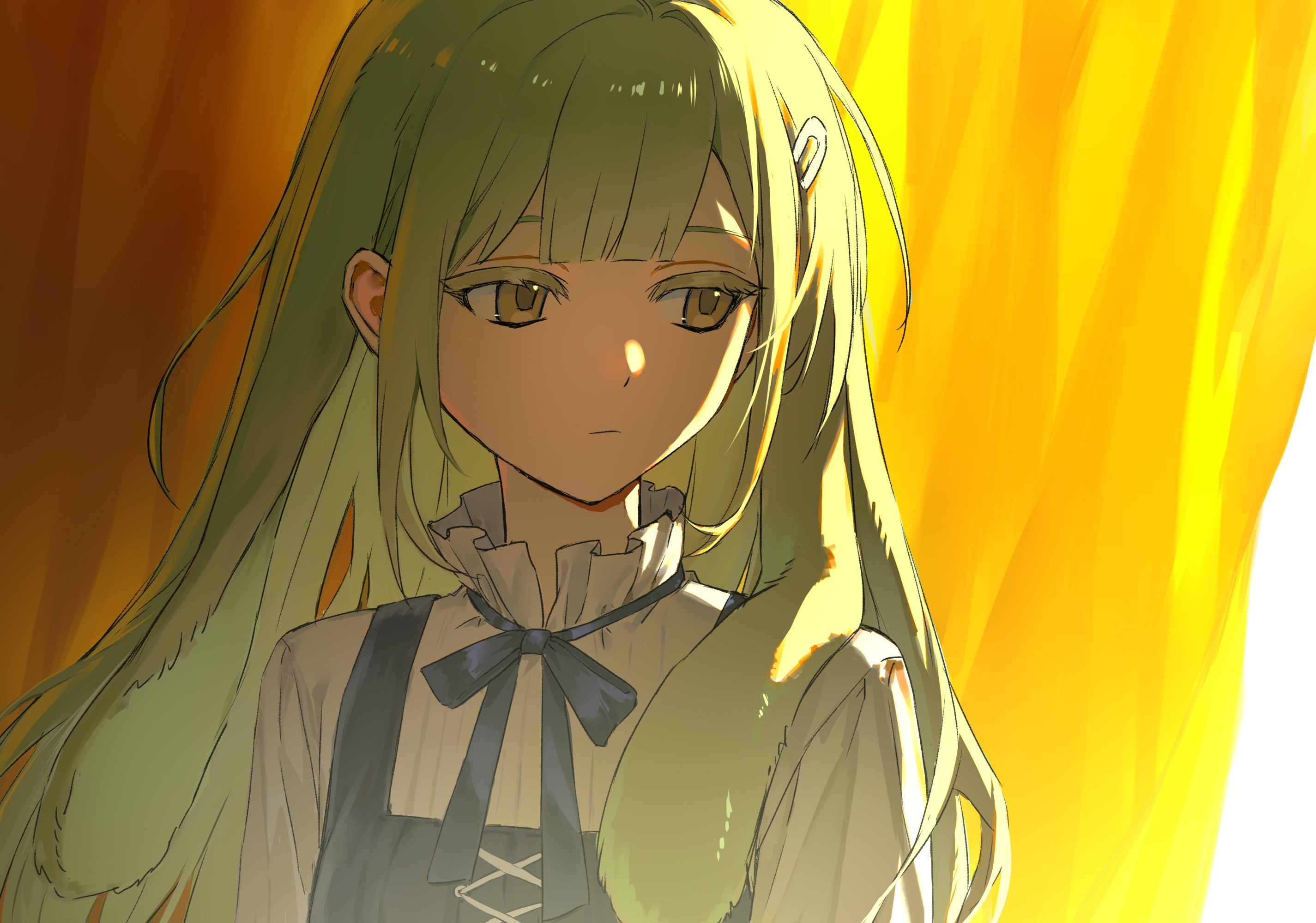 zx277x, wakaba mutsumi, wakaba mutsumi (marionette's id), arknights, bang dream!, bang dream! it's mygo!!!!!, commentary, highres, symbol-only commentary, 1girl, animal ears, blue ribbon, blunt bangs, closed mouth, expressionless, floppy ears, green hair, hair ornament, hairclip, long hair, looking to the side, neck ribbon, rabbit ears, rabbit girl, ribbon, sidelighting, sidelocks, solo, upper body, yellow eyes