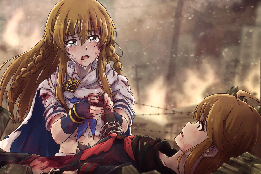 sokura (mellow), kousaka umi, tokoro megumi, idol heroes (idolmaster), idolmaster, idolmaster million live!, 2girls, black gloves, blood, blue eyes, braid, brown hair, cape, crying, crying with eyes open, fingerless gloves, gloves, hand grab, injury, long hair, looking at another, lying, mighty sailor, multiple girls, on back, open mouth, outdoors, tears, twin braids, white cape, yuri