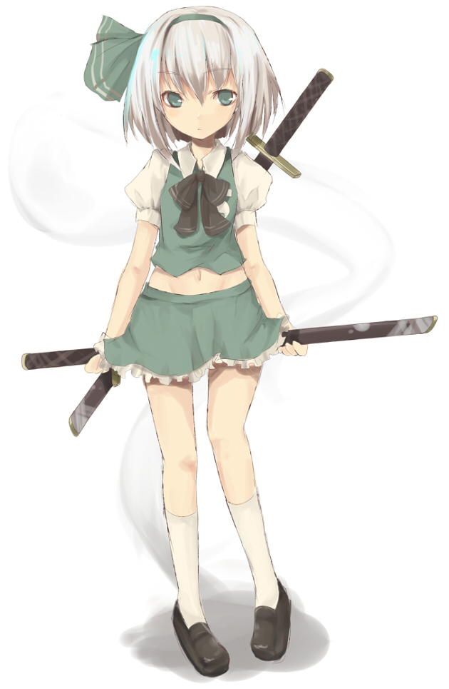 tetsuo (tashirosu), konpaku youmu, konpaku youmu (ghost), touhou, silver hair, bad id, bad pixiv id, 1girl, aqua vest, female focus, ghost, green eyes, hairband, hitodama, katana, kneehighs, midriff, ribbon, school uniform, serafuku, sheath, sheathed, short hair, skirt, socks, solo, sword, vest, weapon