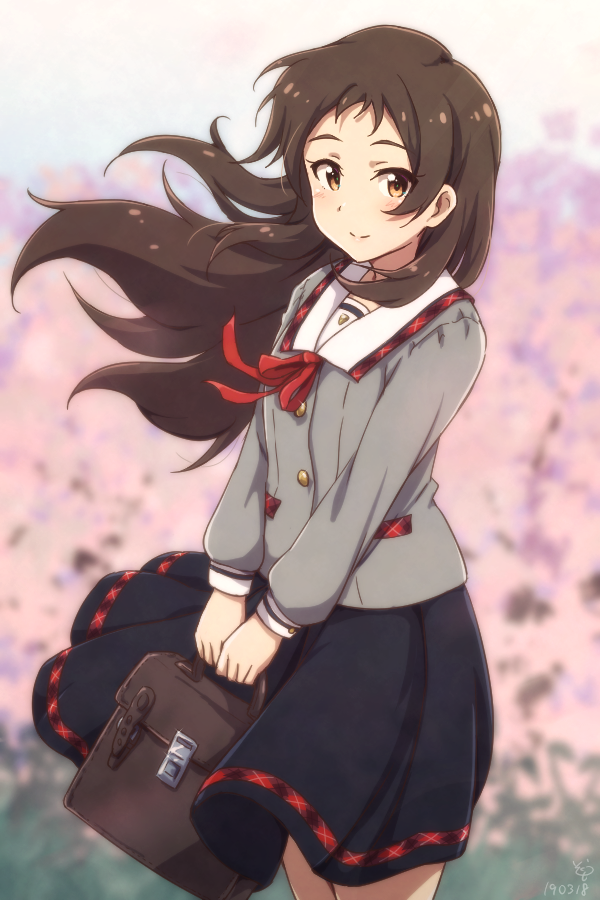 sokura (mellow), kitazawa shiho, idolmaster, idolmaster million live!, idolmaster million live! theater days, 1girl, bag, black skirt, blurry, blurry background, blush, brown eyes, brown hair, closed mouth, day, floating hair, grey shirt, handbag, holding, holding bag, junior high schoolmate (idolmaster), long hair, long sleeves, looking at viewer, official alternate costume, outdoors, school uniform, shirt, skirt, smile, solo