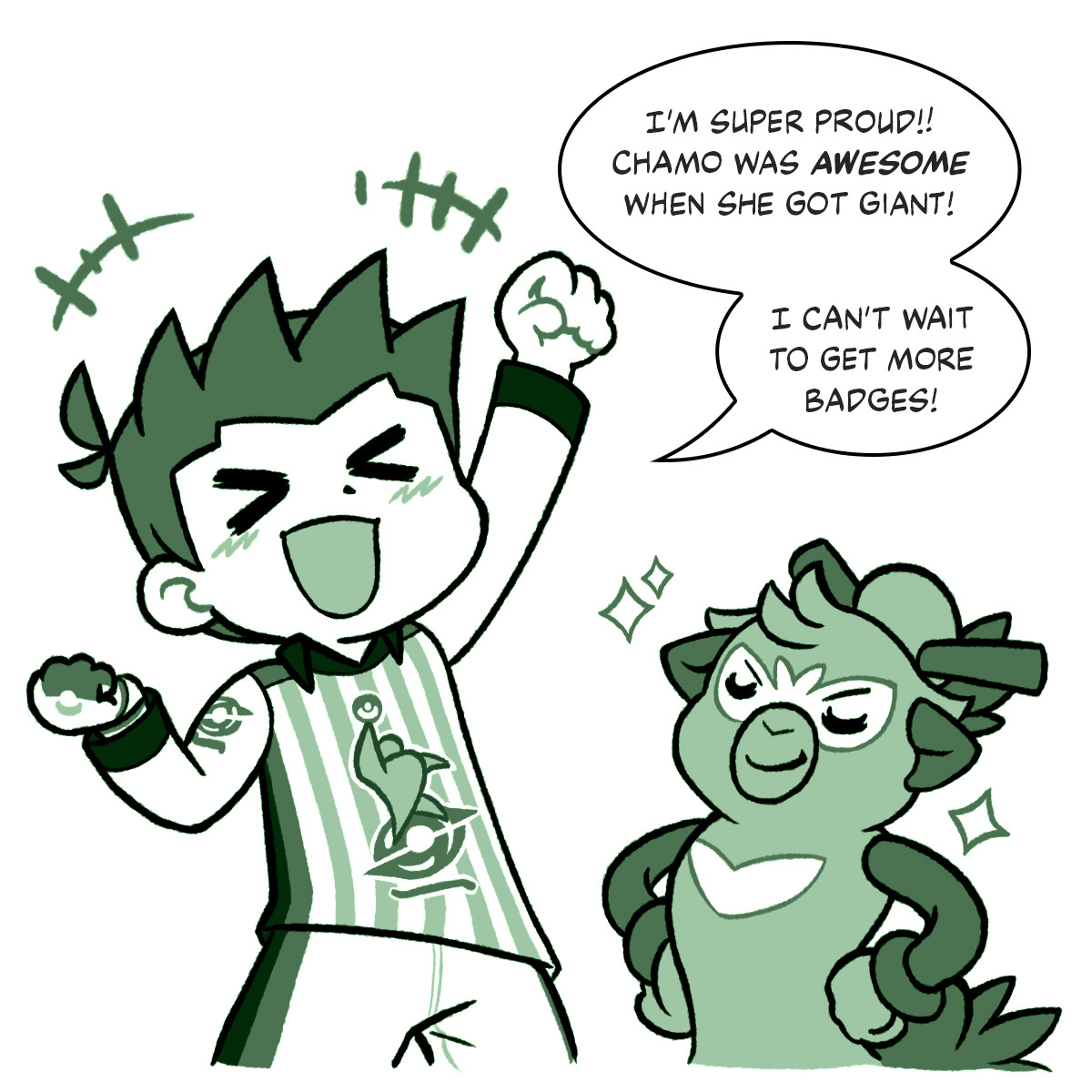 thwackey, nintendo, pokemon, pokemon swsh, highres, 1boy, clenched hands, closed eyes, divergent-paths, english text, gen 8 pokemon, green theme, hands on own hips, monochrome, open mouth, pokemon (creature), short hair, simple background, soccer uniform, sparkle, speech bubble, sportswear, white background