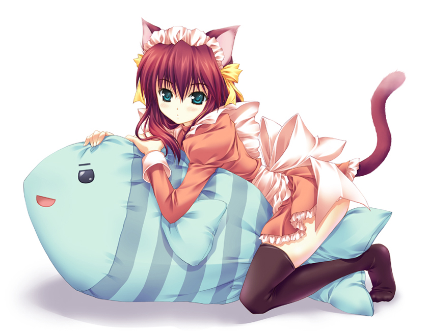 yasaka minato, hal, animal ears, aqua eyes, cat ears, cat tail, green eyes, hairband, maid, pillow, red hair, solo, stuffed animal, stuffed toy, tail, thighhighs