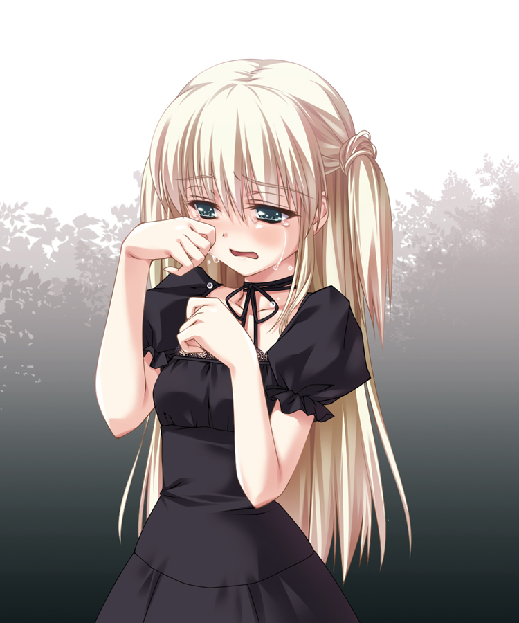 yasaka minato, hal, 1girl, aqua eyes, blonde hair, choker, dress, female focus, gothic lolita, green eyes, lolita fashion, long hair, ribbon choker, solo, tears, two side up