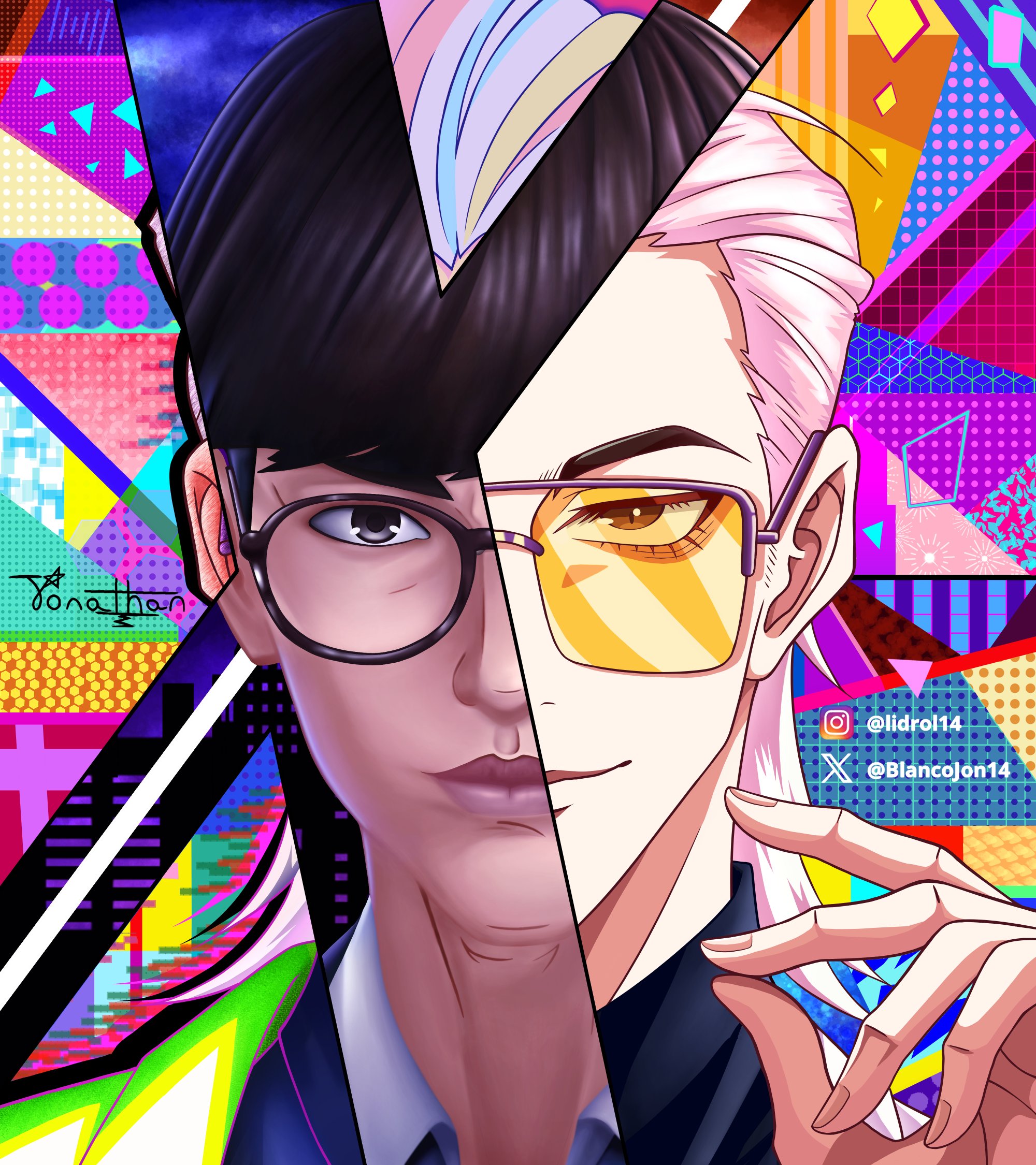x (to be hero x), to be hero, to be hero x, highres, 1boy, abstract background, blancojon14, bowl cut, formal clothes, hair slicked back, male focus, revealing layer, round eyewear, smug, snapping fingers, solo, suit, tinted eyewear, white suit, yellow-tinted eyewear
