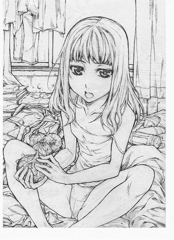 ega, original, bad id, bad pixiv id, 1girl, camisole, female focus, flat chest, food, fruit, greyscale, long hair, monochrome, onion, open mouth, panties, solo, strap slip, underwear, vegetable