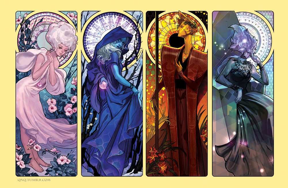 blue diamond (steven universe), pink diamond (steven universe), white diamond (steven universe), yellow diamond (steven universe), steven universe, 4girls, alexa rockman, art nouveau, blonde hair, blue eyes, blue skin, bubble, closed mouth, colored skin, diamond (gemstone), diamond (species) (steven universe), dress, full body, gem, gem (steven universe), long hair, long neck, multiple girls, pink hair, short hair, smile, white hair, white skin, yellow skin