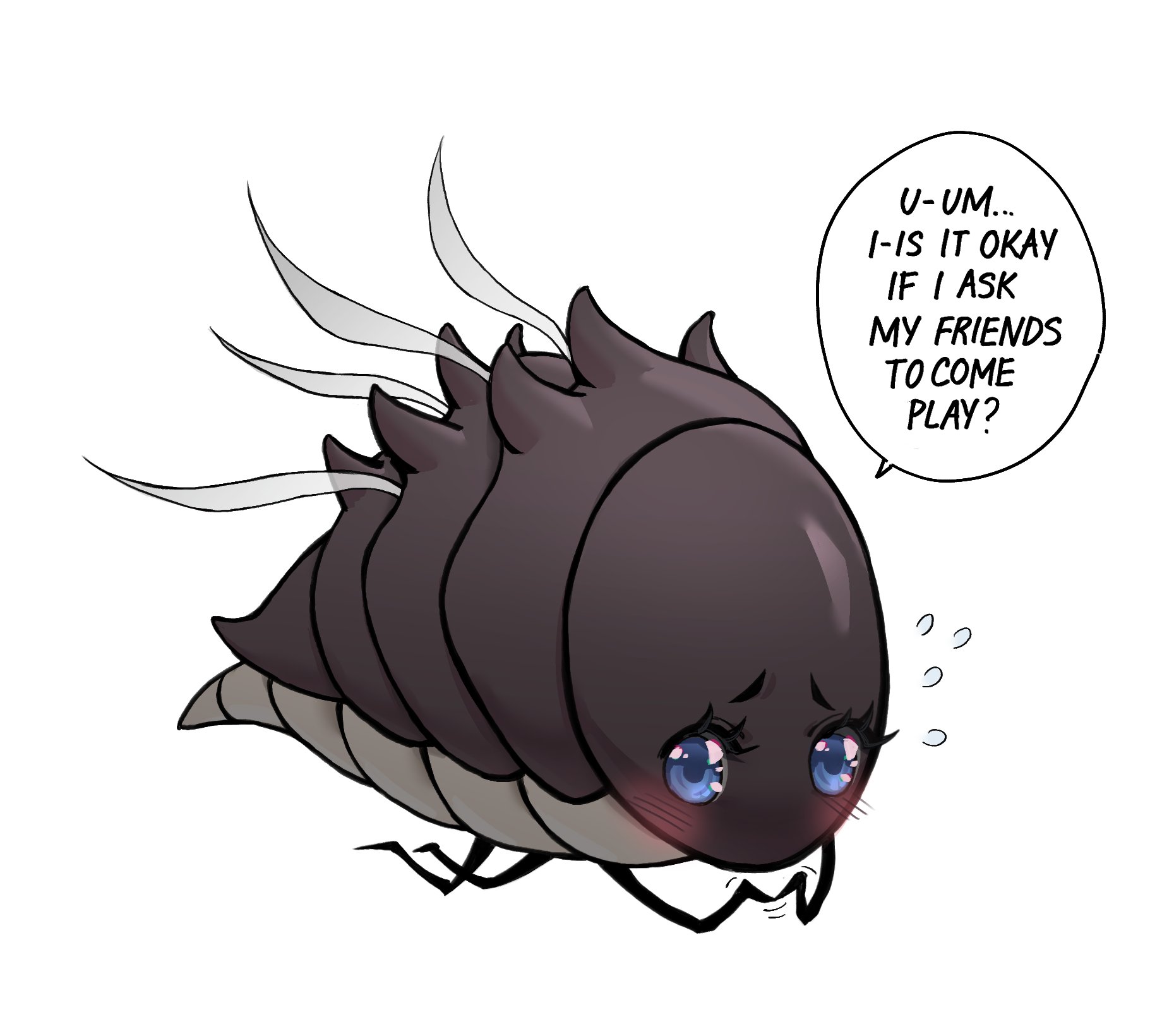 pikat, hollow knight, hollow knight: silksong, highres, blue eyes, blush, bug, english text, eyelashes, no humans, no mouth, simple background, tail, white background, wings