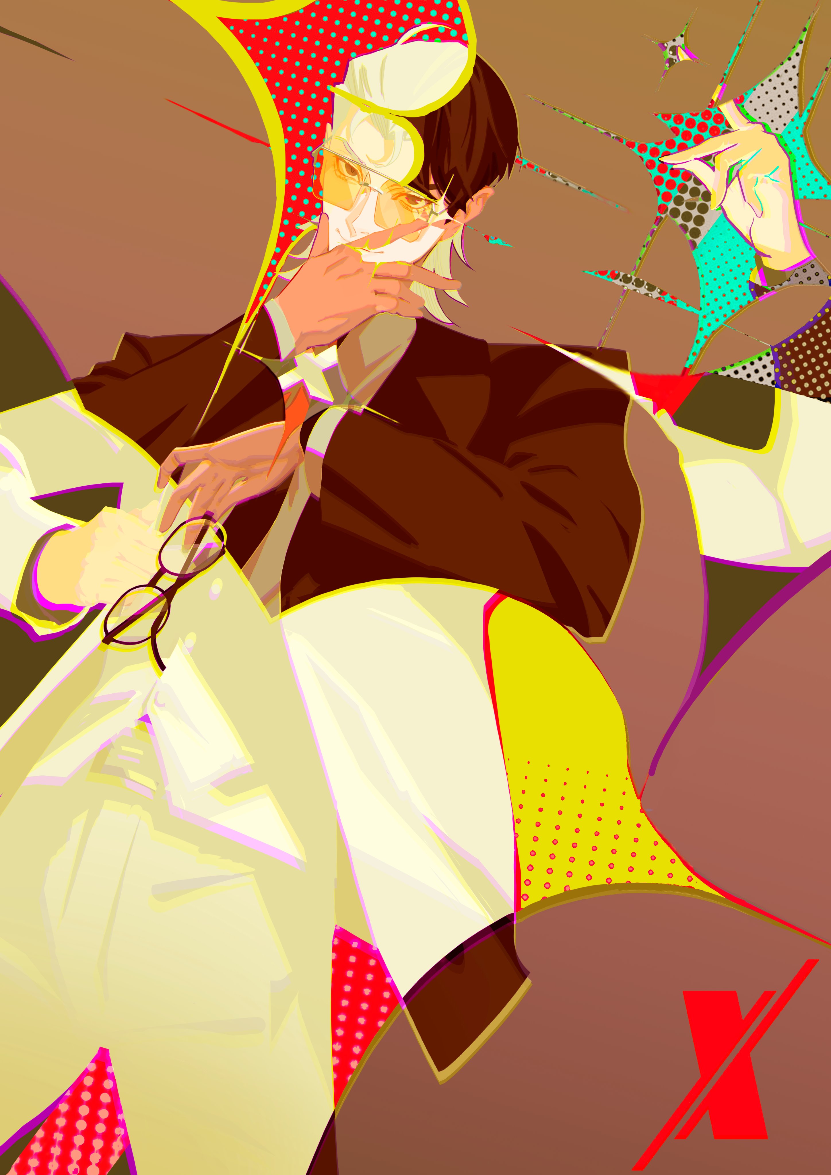 mintbreak, x (to be hero x), to be hero, to be hero x, absurdres, highres, 1boy, abstract background, black suit, bowl cut, formal clothes, hair slicked back, male focus, mullet, revealing layer, round eyewear, smug, snapping fingers, solo, suit, tinted eyewear, vest, white suit, white vest, x ornament, yellow-tinted eyewear