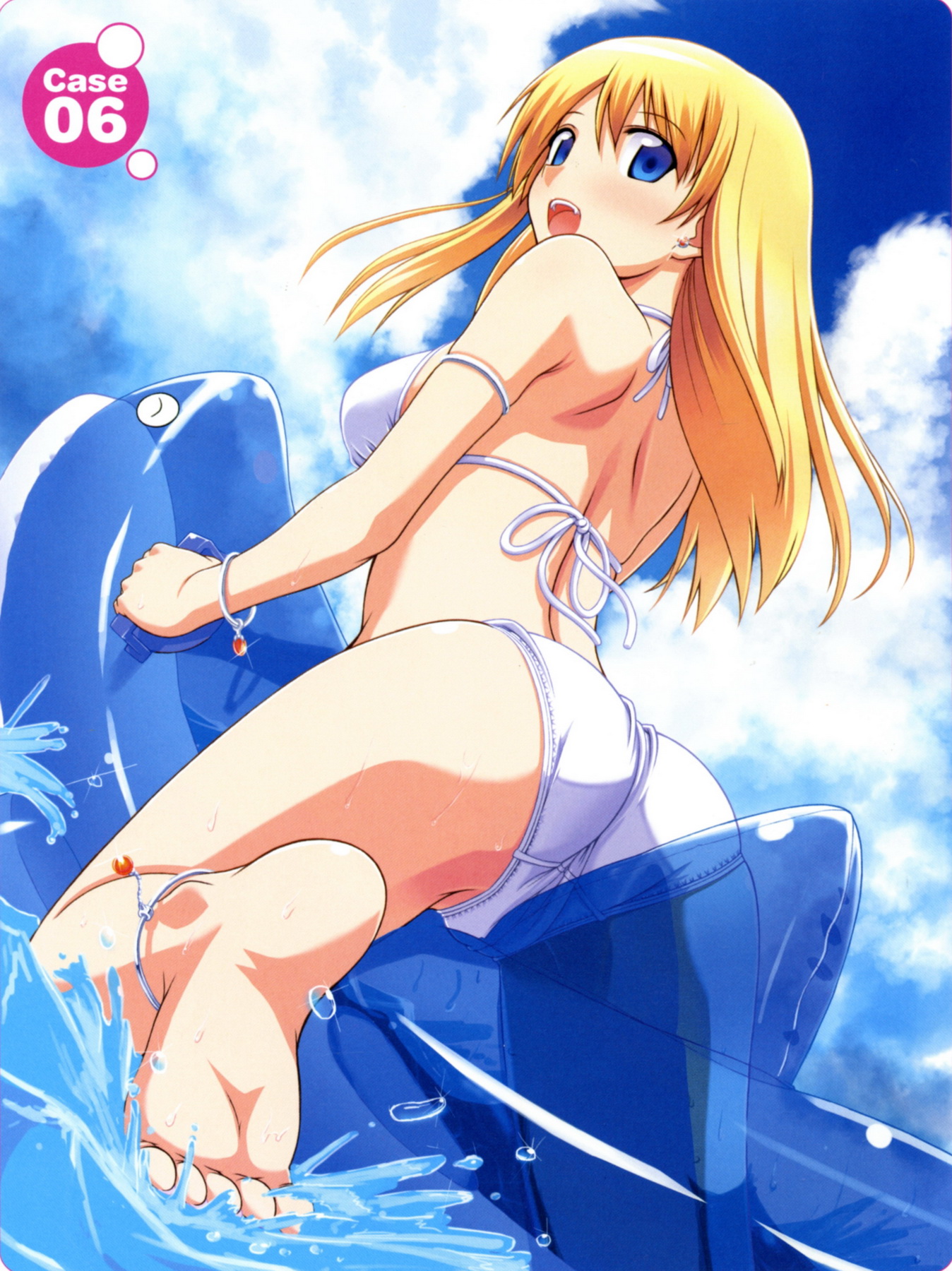 takayaki, highres, scan, 1girl, ass, back, barefoot, bikini, blonde hair, blue eyes, bracelet, cameltoe, cloud, day, feet, female focus, inflatable dolphin, inflatable toy, jewelry, looking back, sky, soles, solo, swimsuit, toes, water, white bikini