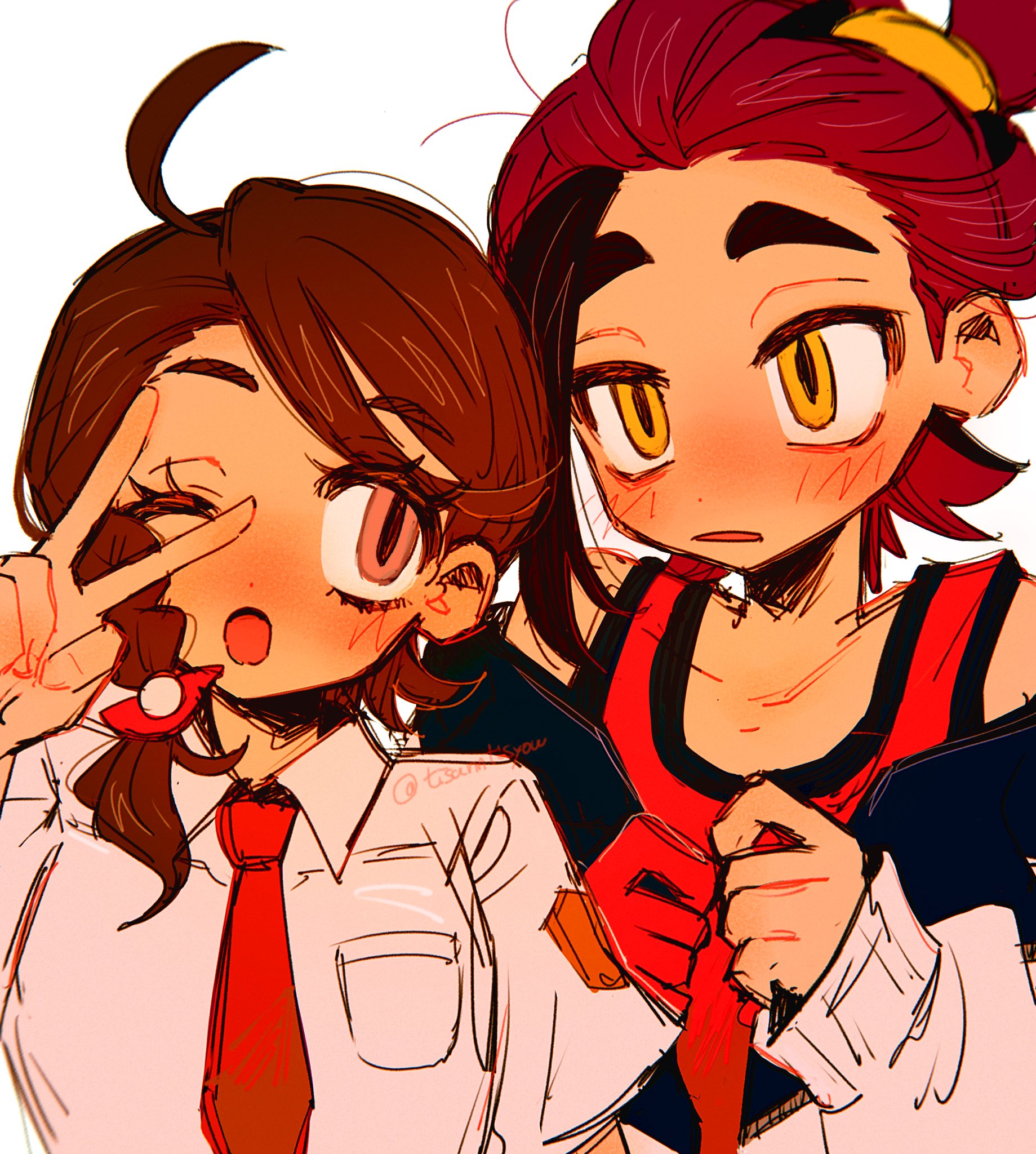 tisanntisyou, juliana (pokemon), kieran (pokemon), nintendo, pokemon, pokemon sv, highres, 1boy, 1girl, black hair, blush, braid, brown eyes, brown hair, collared shirt, eyelashes, gloves, hair ornament, hetero, jacket, long sleeves, necktie, off shoulder, one eye closed, open mouth, orange eyes, red hair, red necktie, red tank top, shirt, short sleeves, simple background, single glove, tank top, upper body, v, v over eye, white background, white jacket, white shirt
