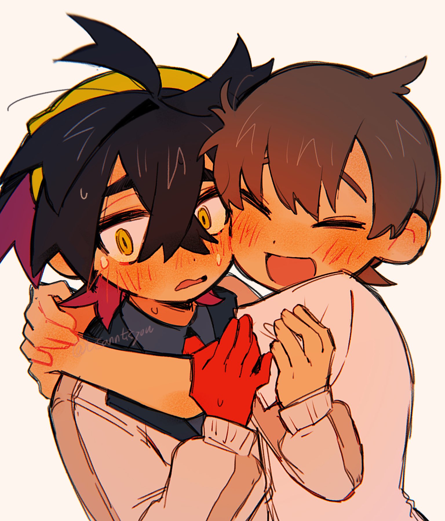 tisanntisyou, florian (pokemon), kieran (pokemon), nintendo, pokemon, pokemon sv, commentary request, highres, 2boys, black hair, blue shirt, blush, brown hair, closed eyes, collared shirt, crossed bangs, gloves, hair between eyes, hairband, hug, long sleeves, male focus, multiple boys, open mouth, orange eyes, purple hair, red gloves, shirt, short sleeves, simple background, single glove, sweat, twitter username, upper body, white background, white shirt, yaoi, yellow hairband