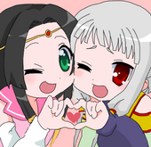 sumeragi kaguya, tianzi, code geass, lucky star, lowres, third-party edit, albino, black hair, green eyes, parody, red eyes, white hair