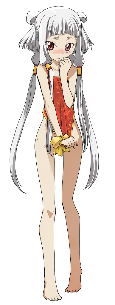 tianzi, code geass, 00s, 1girl, albino, apron, barefoot, blush, bottomless, chinese clothes, covering crotch, covering privates, dudou, embarrassed, female focus, full body, legs, loli, long hair, naked apron, no panties, pale skin, red eyes, shirt tug, solo, standing, white hair
