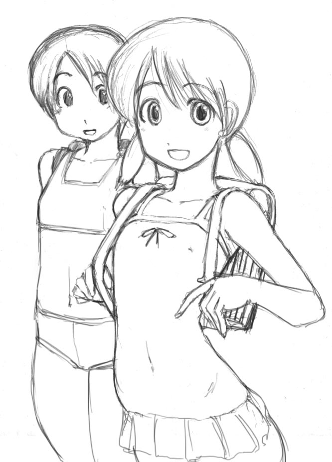 ayase ena, hayasaka miura, yotsubato!, 2girls, backpack, bag, bikini, flat chest, greyscale, monochrome, multiple girls, one-piece swimsuit, randoseru, short hair, swimsuit, twintails