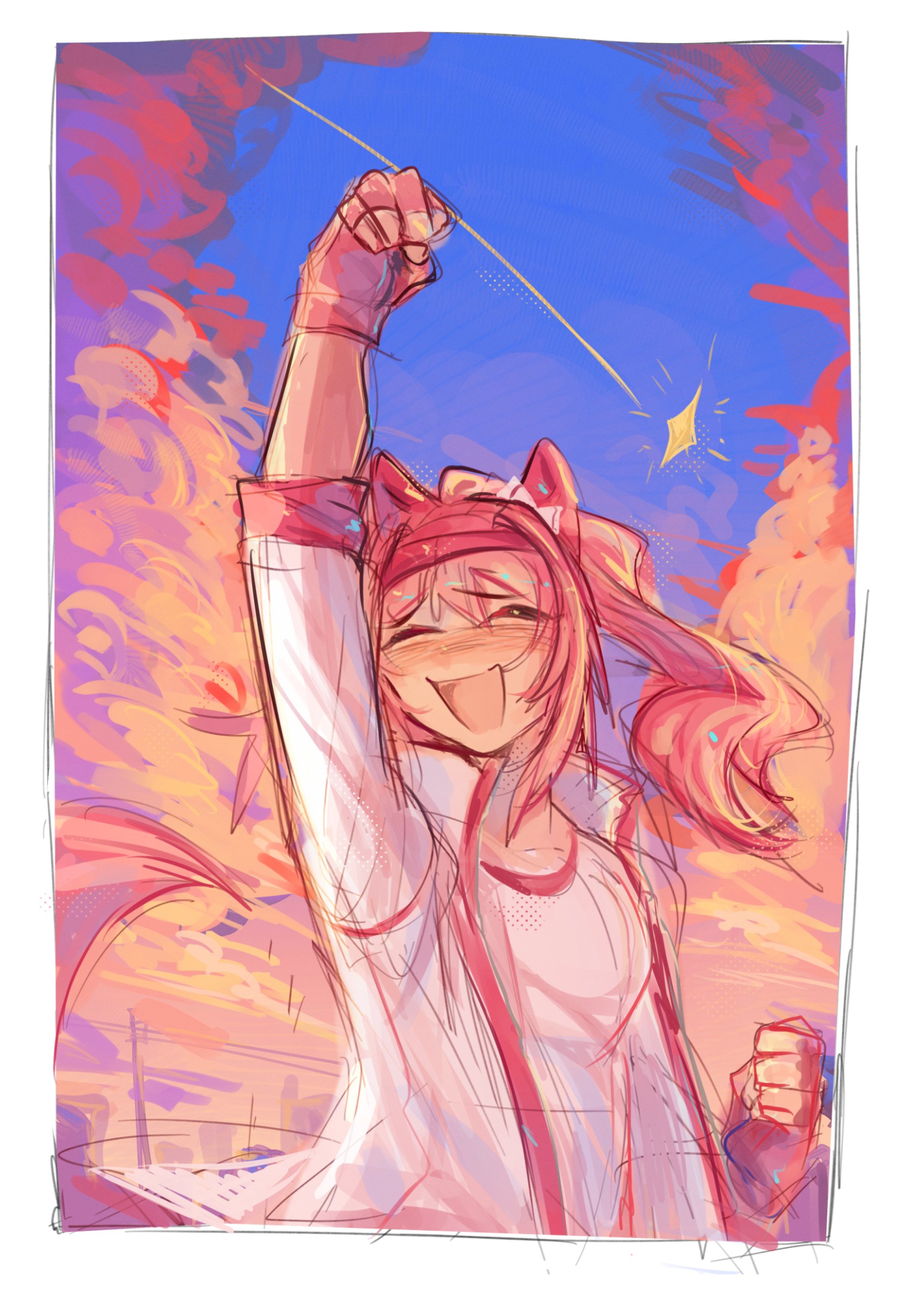 magentaroll, haru urara (bestest prize) (umamusume), haru urara (umamusume), umamusume, absurdres, commentary, english commentary, highres, 1girl, animal ears, arms up, blue sky, bow, closed eyes, cloud, ear bow, ear covers, fingerless gloves, gloves, hairband, headband, horse ears, horse girl, jacket, long hair, open mouth, outdoors, pink hair, pink headband, ponytail, red gloves, red headband, shirt, shooting star, sky, smile, solo, upper body, white jacket, white shirt