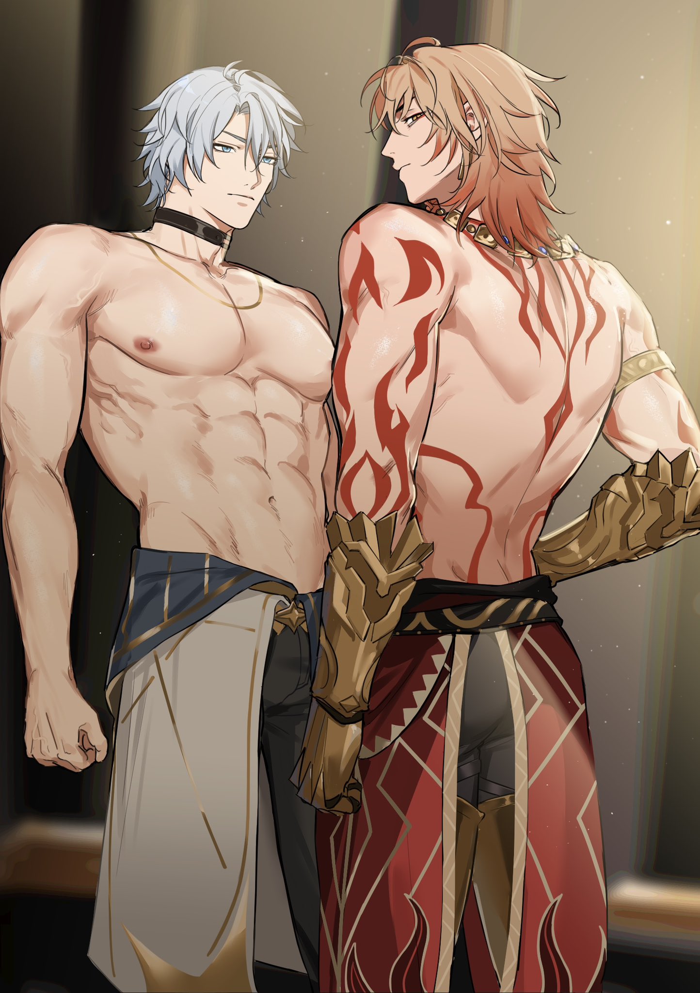 yukaero4, mydei (honkai: star rail), phainon (honkai: star rail), honkai: star rail, honkai (series), commentary, english commentary, highres, 2boys, abs, arm tattoo, armlet, back, back tattoo, black choker, blonde hair, blue eyes, blue hair, choker, clawed gauntlets, closed mouth, cowboy shot, earrings, gold necklace, gradient hair, jewelry, looking at another, looking at viewer, male focus, medium hair, multicolored hair, multiple boys, navel, necklace, nipples, pectorals, red hair, red tattoo, short hair, tattoo, toned, toned male, topless male, yellow eyes