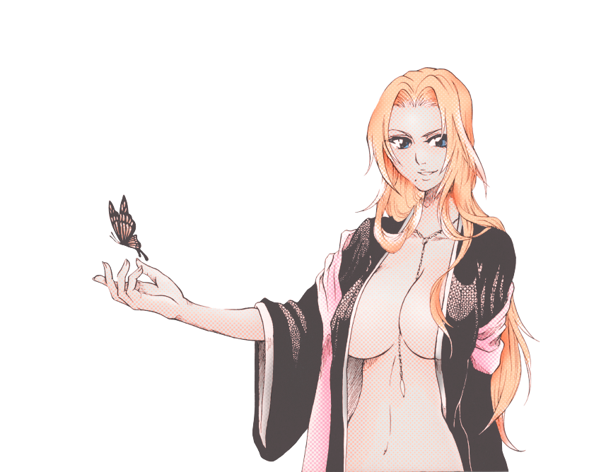 matsumoto rangiku, bleach, colorized, 00s, 1girl, blonde hair, breasts, bug, butterfly, cleavage, female focus, insect, large breasts, long hair, mole, mole under mouth, no bra, open clothes, open shirt, red hair, shirt, solo