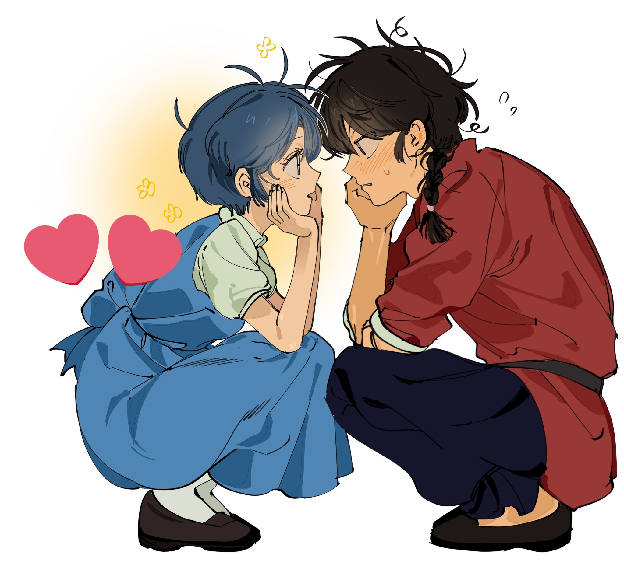 jay 03010, ranma-chan, saotome ranma, tendou akane, ranma 1/2, highres, 2girls, blue hair, blush, braid, braided ponytail, chinese clothes, fuurinkan high school uniform, multiple girls, open mouth, school uniform, short hair, simple background, socks, tangzhuang, white background, white socks