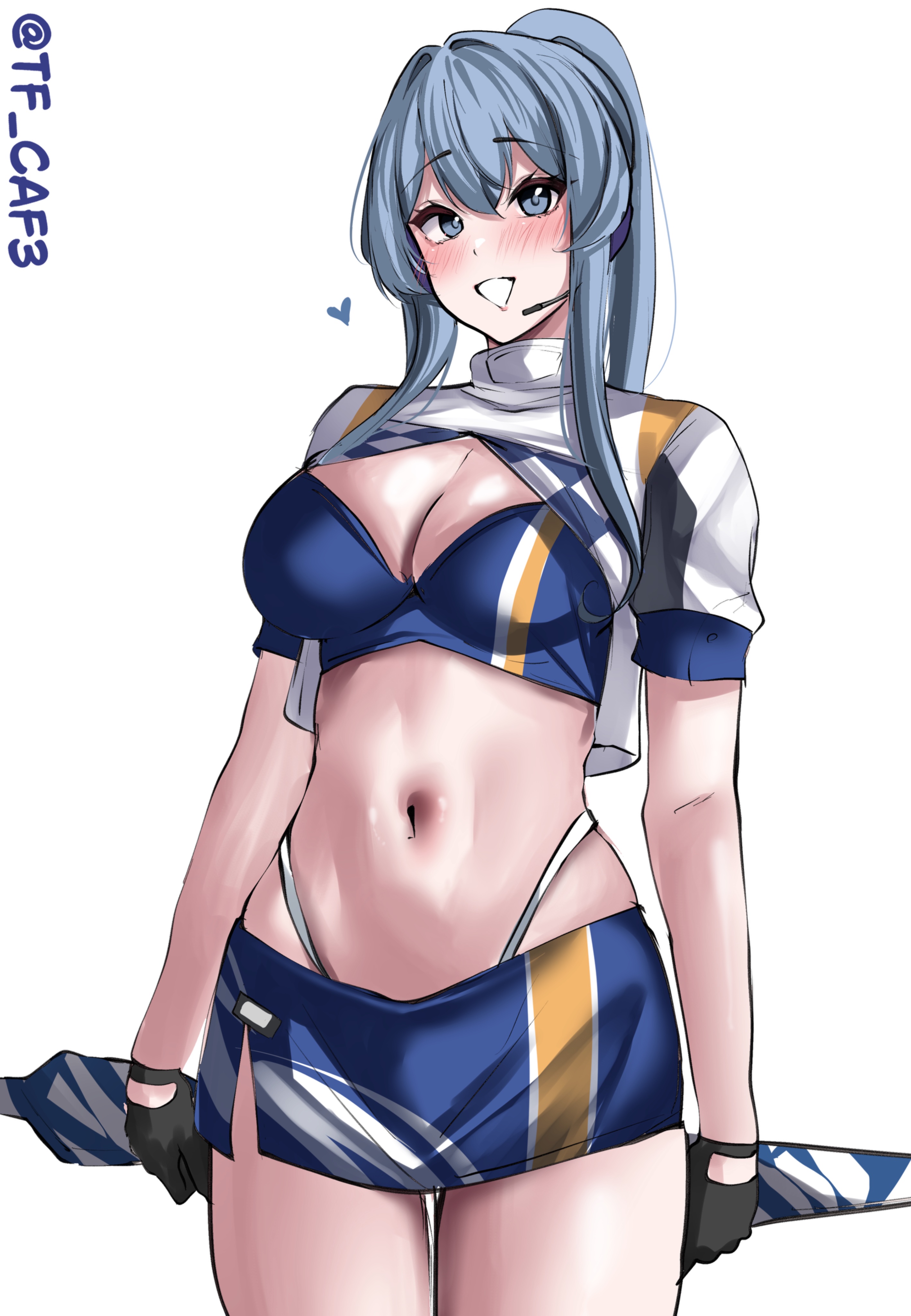 tf cafe, gotland (2020 race queen) (kancolle), gotland (kancolle), kantai collection, absurdres, commentary request, highres, 1girl, :d, black gloves, blue eyes, blue hair, blue skirt, blush, breasts, cleavage, closed umbrella, gloves, hair between eyes, headset, heart, highleg, holding, holding umbrella, long hair, looking at viewer, medium breasts, navel, open mouth, ponytail, race queen, short sleeves, shrug (clothing), simple background, skindentation, skirt, smile, solo, twitter username, umbrella, white background