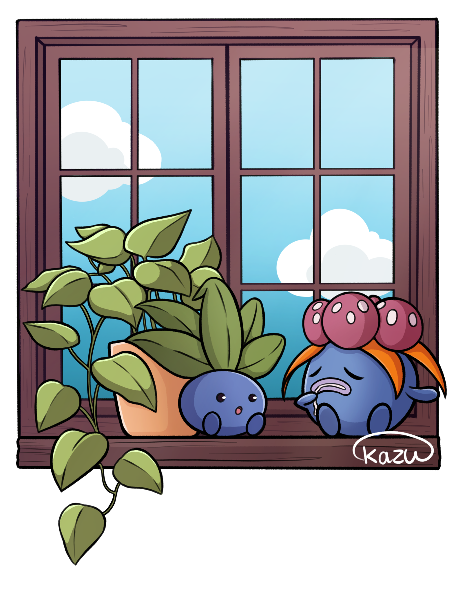 gloom (pokemon), oddish, nintendo, pokemon, highres, blue sky, cloud, day, gen 1 pokemon, kazudrawsstuff, no humans, plant, pokemon (creature), potted plant, signature, sky, window