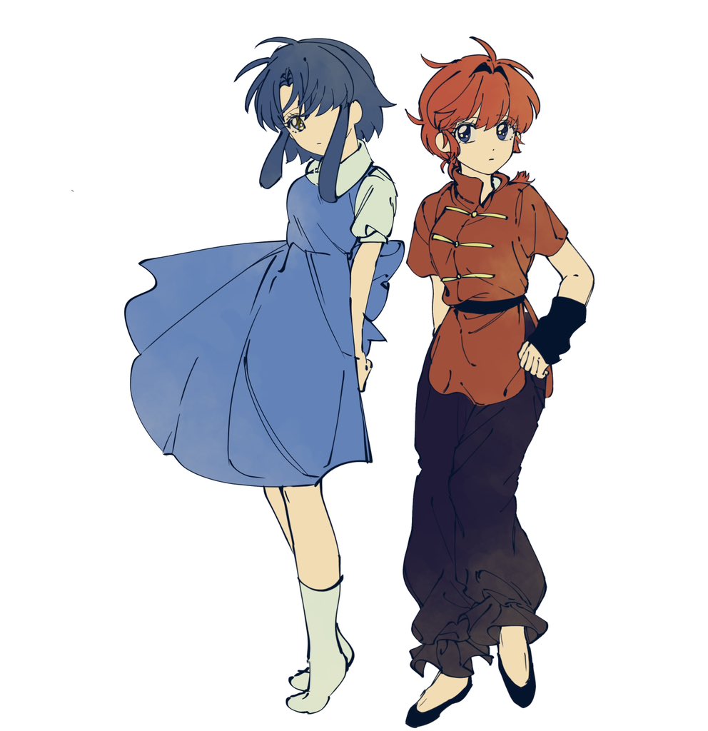 jay 03010, ranma-chan, tendou akane, ranma 1/2, 2girls, blue hair, braid, braided ponytail, chinese clothes, closed mouth, kneehighs, multiple girls, red hair, simple background, socks, tangzhuang, white background