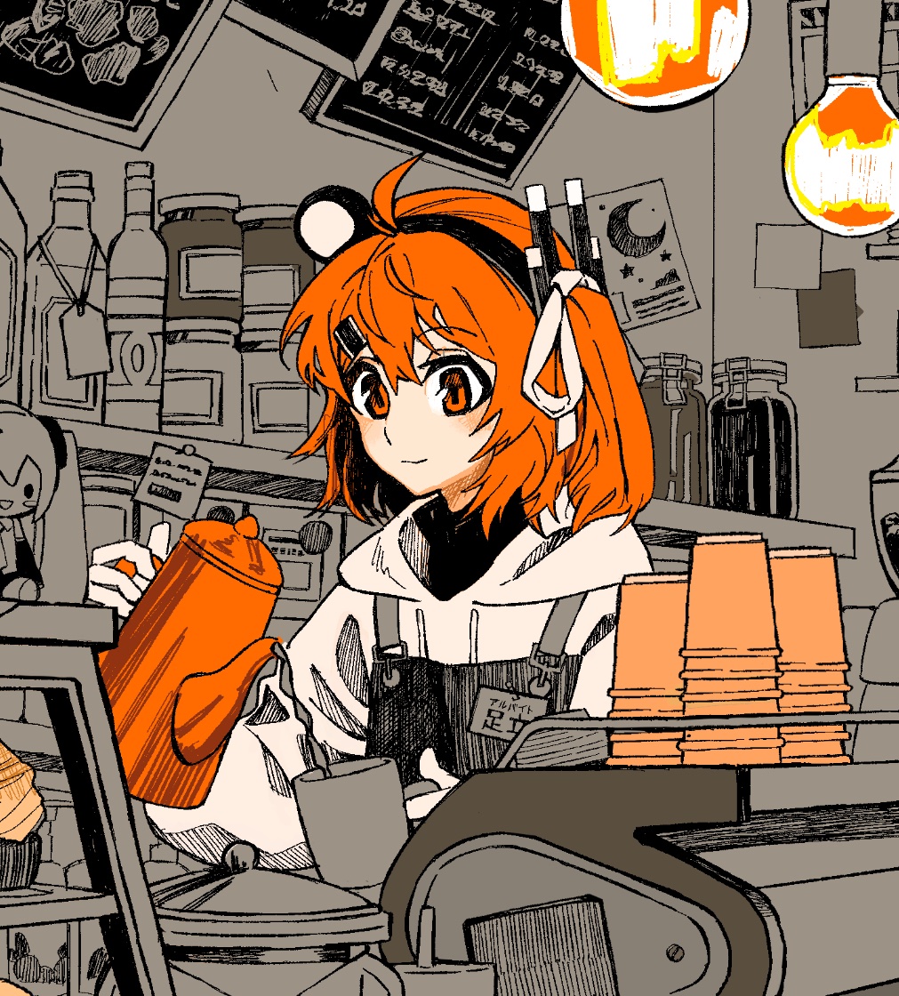 natuso7, adachi rei, hatsune miku, a.i. voice, utau, commentary, english commentary, unfinished, 1girl, ahoge, alternate costume, apron, bottle, cafe, character doll, closed mouth, coffee pot, computer chip, cup, disposable cup, doll, drawstring, food, hair ribbon, hairband, hands up, hatching (texture), headlamp, holding, holding coffee pot, holding cup, hood, hood down, hoodie, indoors, jar, light bulb, light smile, limited palette, long sleeves, medium hair, monochrome background, muffin, mug, name tag, one side up, orange eyes, orange hair, orange theme, part time job, pouring, radio antenna, ribbon, solo, turtleneck