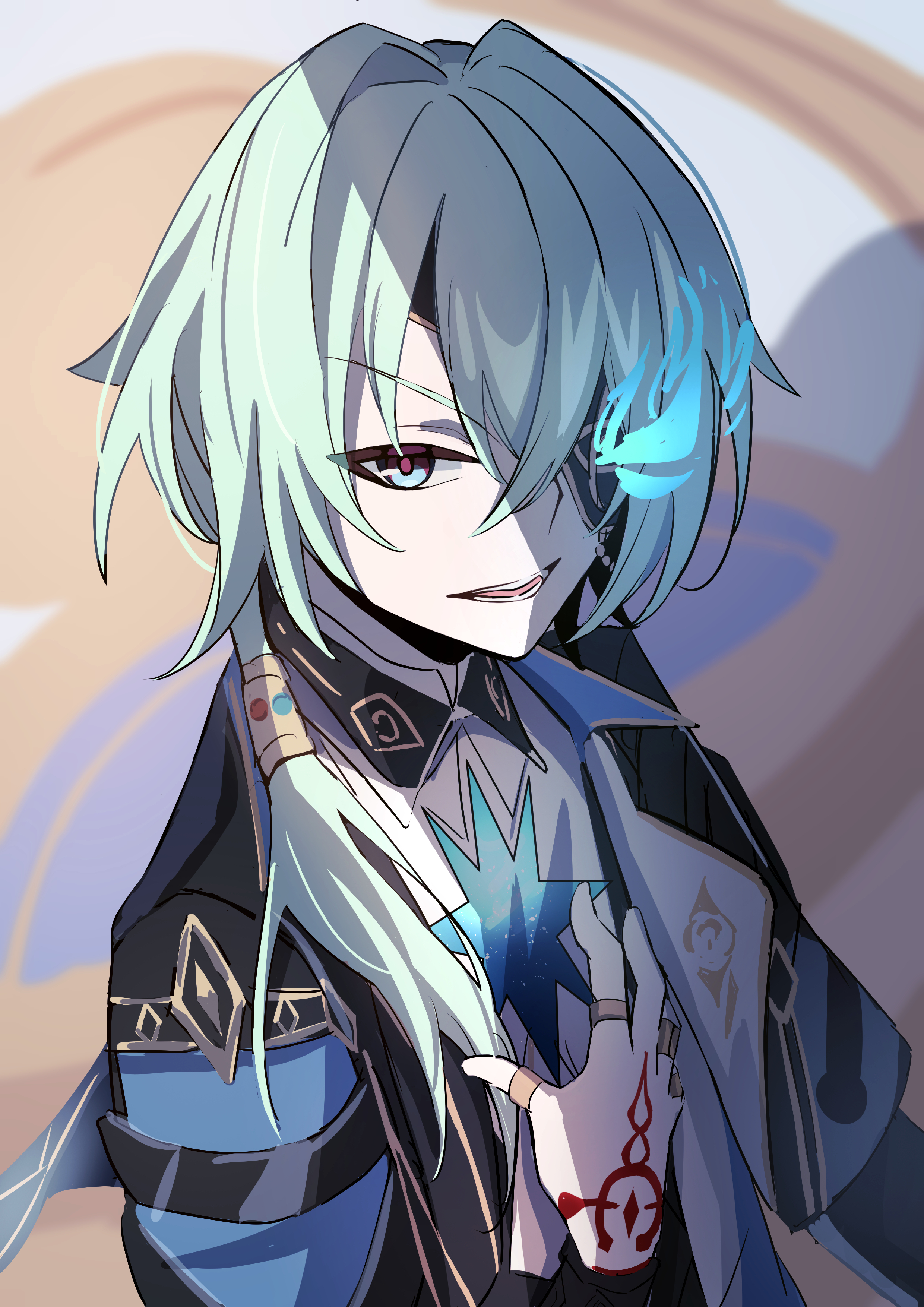 maruaki, anaxa (honkai: star rail), honkai: star rail, honkai (series), absurdres, commentary request, highres, 1girl, :d, black jacket, blue eyes, eyepatch, green hair, hair between eyes, hand up, jacket, jewelry, long hair, long sleeves, looking at viewer, open clothes, open jacket, open mouth, ring, shirt, single hair intake, smile, solo, upper body, white shirt