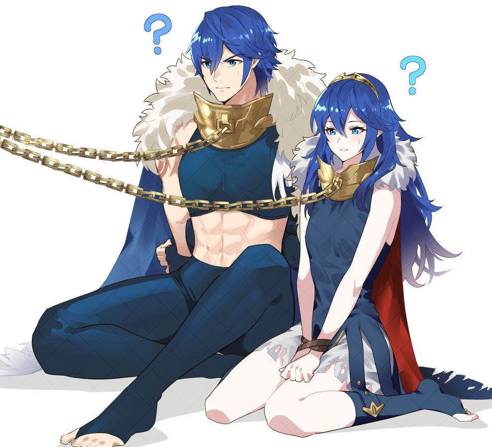 ameno (a meno0), basilio (fire emblem), chrom (fire emblem), chrom (pivotal blow) (fire emblem), lucina (fire emblem), marth (fire emblem awakening), marth (masked gladiator) (fire emblem awakening), fire emblem, fire emblem awakening, fire emblem heroes, nintendo, gold collar, 1boy, 1girl, ?, abs, basilio (fire emblem) (cosplay), blue eyes, blue hair, blue pants, blue shirt, blue tunic, bound, bound wrists, brand of the exalt, cape, chain, chain leash, closed mouth, collar, cosplay, cropped shirt, fur trim, gladiator, leash, long hair, midriff, official alternate costume, pants, rope, shirt, simple background, sitting, sweatdrop, tunic, wariza, white cape