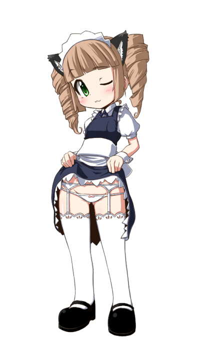 kaname, kaname nagi, animal ears, cat ears, clothes lift, drill hair, garter belt, green eyes, maid, panties, skirt, skirt lift, thighhighs, underwear