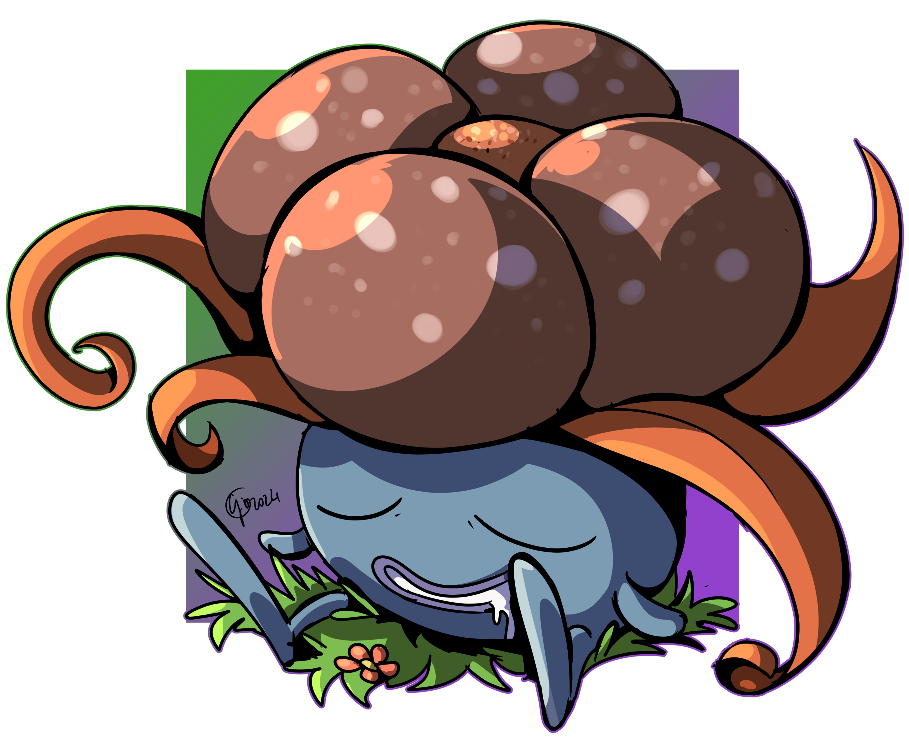 destinywebgio, gloom (pokemon), nintendo, pokemon, absurdres, highres, closed eyes, drooling, grass, no humans, pokemon (creature), signature, sitting, solo