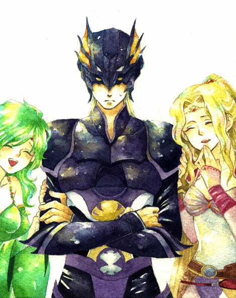cain highwind, rosa farrell, rydia (adult) (ff4), rydia (ff4), final fantasy, final fantasy iv, 1990s (style), 1boy, 2girls, :d, ^ ^, armor, belt, blonde hair, blush, bodysuit, breasts, buckle, closed eyes, crossed arms, detached sleeves, expressionless, forehead jewel, green hair, helmet, jewelry, laughing, long hair, long sleeves, looking at viewer, multiple girls, open mouth, retro artstyle, shoulder pads, smile, sweatdrop, wavy hair