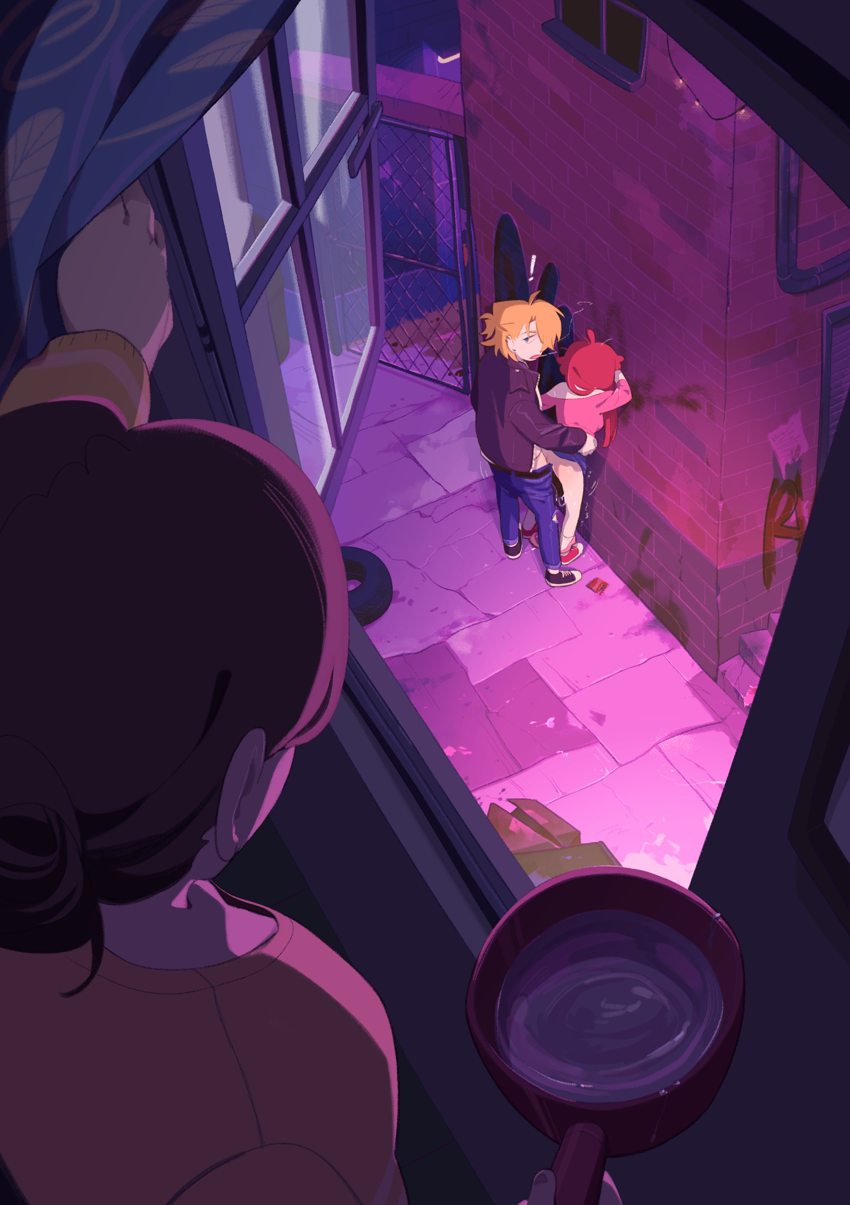 cwew33, player character (degrees of lewdity), player character (female) (degrees of lewdity), whitney (degrees of lewdity), whitney (male) (degrees of lewdity), degrees of lewdity, absurdres, commentary request, highres, !, 1boy, 2girls, against wall, alley, black hair, black jacket, black shoes, blonde hair, blue eyes, blue pants, box, brick wall, cardboard box, cigarette, clothed sex, cooking pot, curtains, ear piercing, exhibitionism, graffiti, hair over one eye, hetero, holding, jacket, leather, leather jacket, long sleeves, multiple girls, off shoulder, pants, piercing, public indecency, red hair, red shoes, sex, sex from behind, shoes, skirt, smoke, smoking, sneakers, standing, voyeurism, water, window