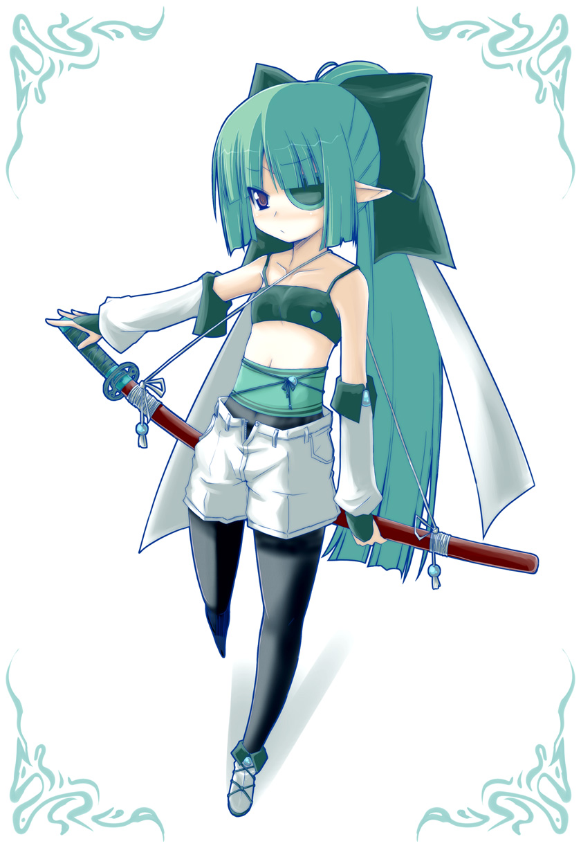 crazy developers, original, highres, 1girl, bare shoulders, detached sleeves, eyepatch, female focus, flat chest, green hair, hair ribbon, katana, long hair, pantyhose, pantyhose under shorts, pointy ears, red eyes, ribbon, shorts, solo, sword, weapon