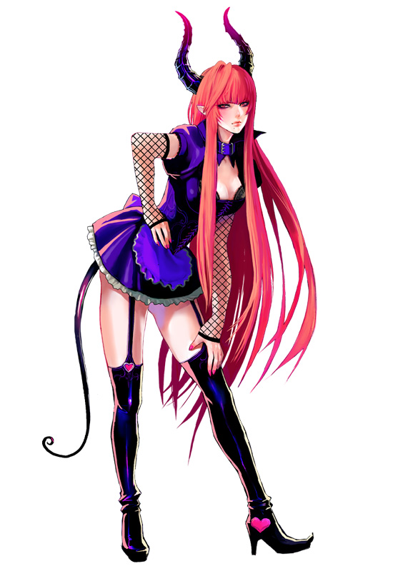 ueda toraji, 1girl, boots, breasts, collar, detached sleeves, female focus, fishnets, garter straps, heart, high heel boots, high heels, horns, long hair, nail polish, pink nails, pointy ears, red hair, shoes, sideboob, solo, tail, thighhighs