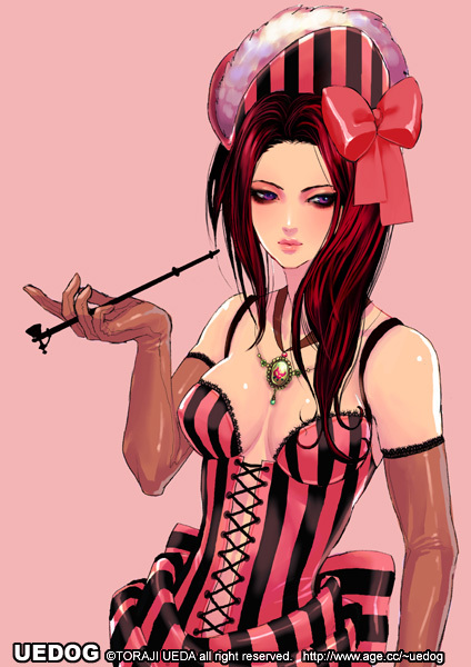 ueda toraji, 1girl, bare shoulders, bow, breasts, corset, elbow gloves, female focus, gloves, hat, holding, holding smoking pipe, jewelry, kiseru, latex, latex gloves, medium breasts, necklace, purple eyes, red hair, smoking pipe, solo, watermark