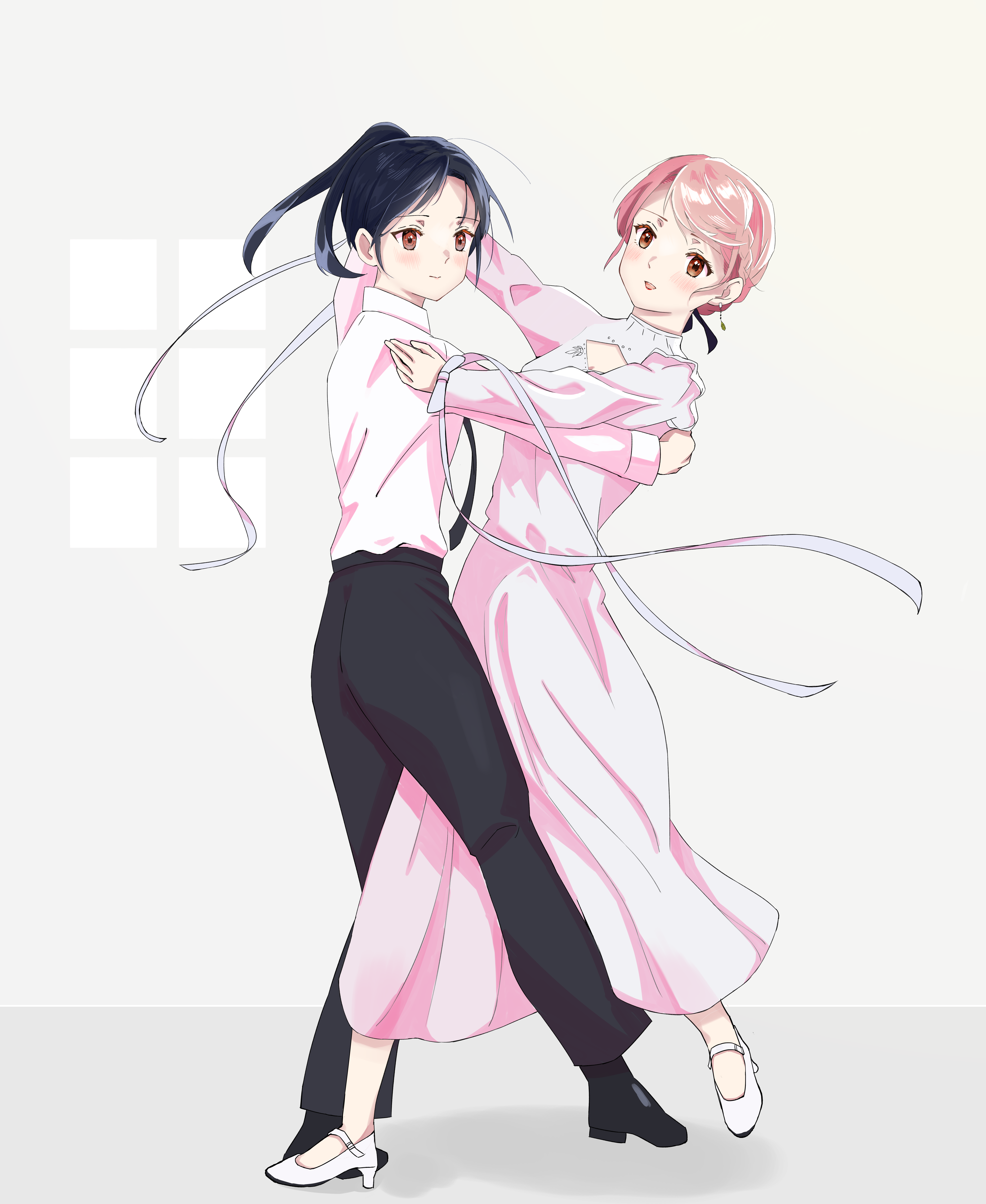 absurdres, commentary, highres, 2girls, black hair, black pants, black shoes, collared shirt, dancing, dress, haruma kiki, high heels, long dress, long hair, long sleeves, multiple girls, odoriba ni skirt ga naru, open mouth, pants, pink dress, pink hair, ponytail, red eyes, rs20210604, shirt, shoes, smile, toribami michiru, white background, white shirt, white shoes