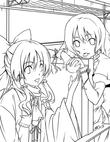 satori, satori (transient wind), hakurei reimu, kirisame marisa, touhou, lowres, 2girls, :d, :p, bow, contemporary, female focus, greyscale, hair bow, hair tubes, lineart, looking at viewer, monochrome, multiple girls, open mouth, puffy short sleeves, puffy sleeves, short sleeves, sidelocks, smile, tongue, tongue out, train, train interior