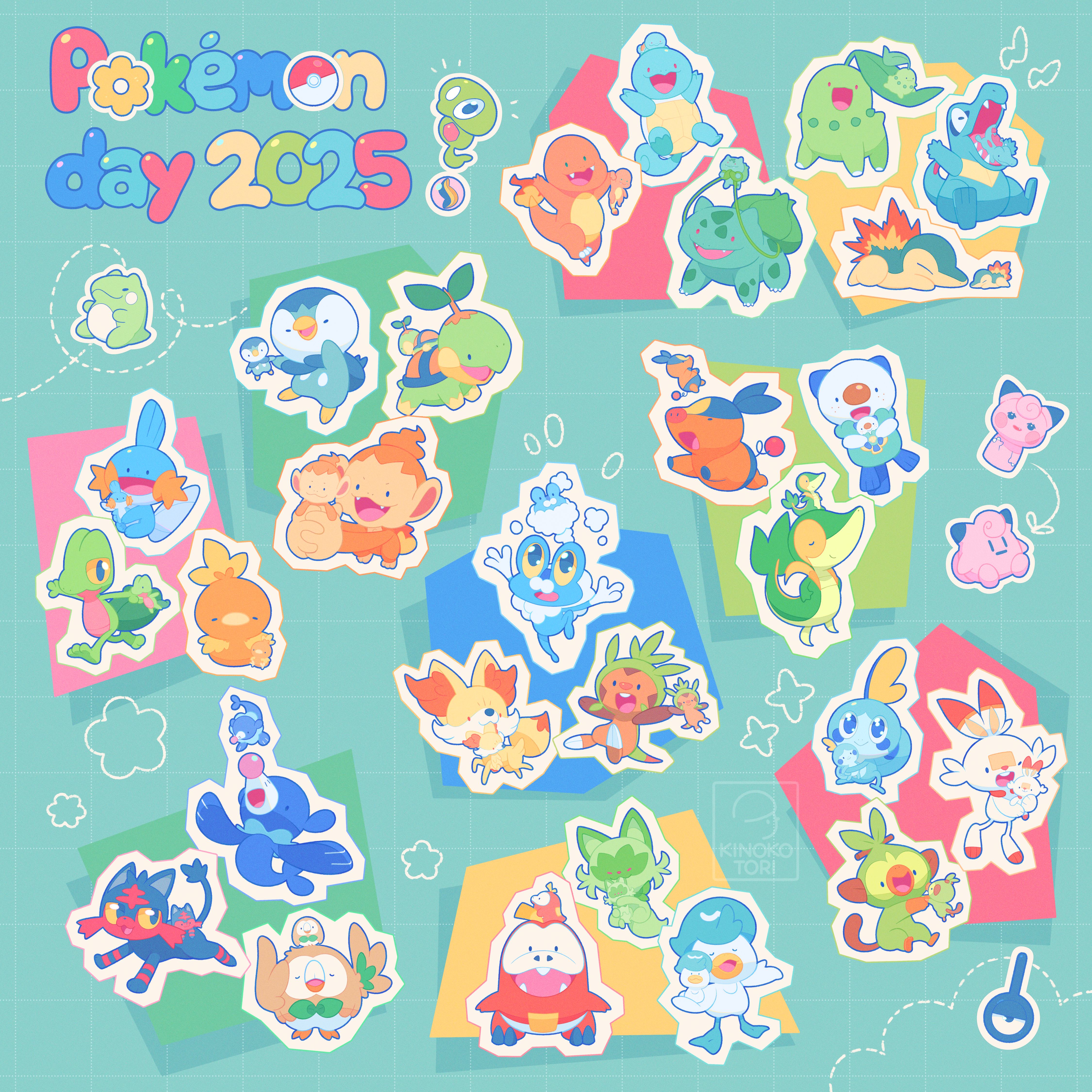 kinokorin, bulbasaur, charmander, chespin, chikorita, chimchar, clefairy, cyndaquil, fennekin, froakie, fuecoco, grookey, litten, mudkip, oshawott, piplup, popplio, quaxly, rowlet, scorbunny, snivy, sobble, sprigatito, squirtle, tepig, torchic, totodile, treecko, turtwig, unown, zygarde, zygarde core, nintendo, pokemon, absurdres, commentary, highres, 2025, arms up, character doll, character name, doll, fire, flame-tipped tail, gen 1 pokemon, gen 2 pokemon, gen 3 pokemon, gen 4 pokemon, gen 5 pokemon, gen 6 pokemon, gen 7 pokemon, gen 8 pokemon, happy, holding, holding doll, legendary pokemon, lying, mega stone, mouth hold, no humans, on stomach, open mouth, outline, plant, pokemon (creature), pokemon day, smile, starter pokemon trio, substitute (pokemon), tail, vines, white outline