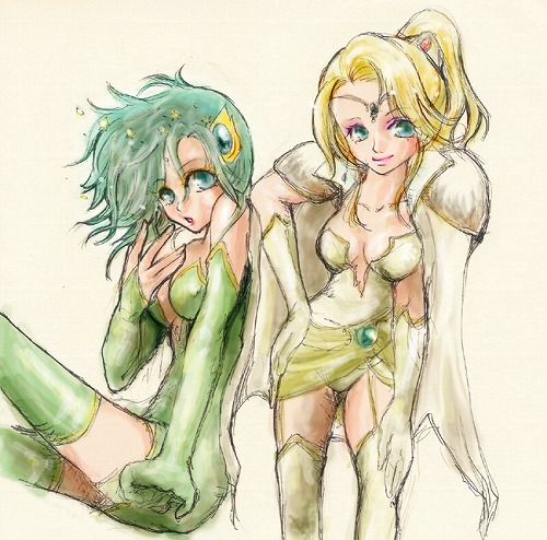 rosa farrell, rydia (adult) (ff4), rydia (ff4), final fantasy, final fantasy iv, lowres, 1990s (style), 2girls, blonde hair, bridal gauntlets, female focus, green hair, looking at viewer, multiple girls, retro artstyle, sleeveless, thighhighs