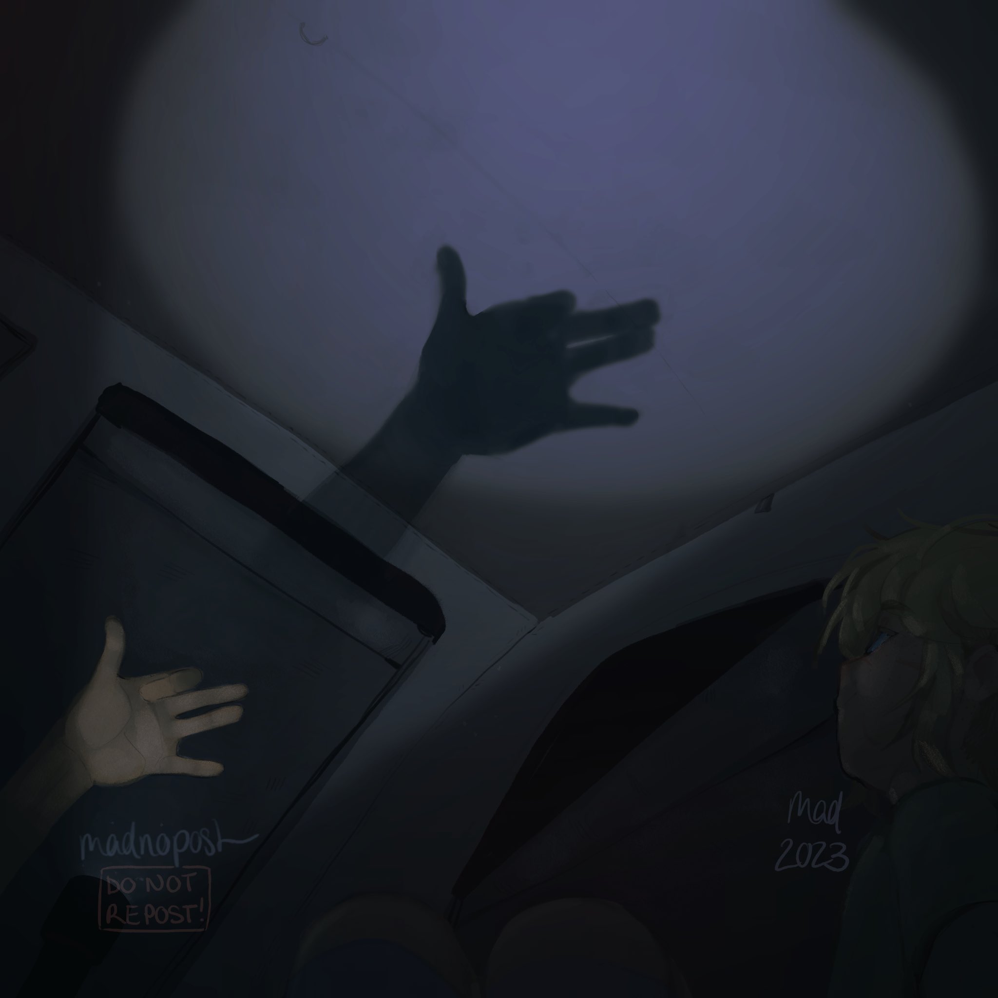 madnopost, basil (faraway) (omori), basil (omori), omori, highres, 1boy, 1other, 2023, alternate costume, artist name, blonde hair, flashlight, fox shadow puppet, male focus, night, short hair, tent interior