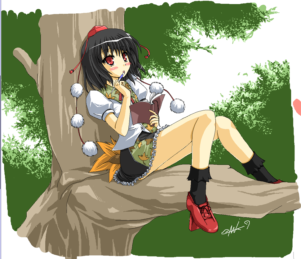 ayuhara hiiro, nanaki seiju, shameimaru aya, touhou, 1girl, blush, expressionless, female focus, geta, hat, in tree, looking up, sitting, sitting in tree, solo, tengu-geta, tree
