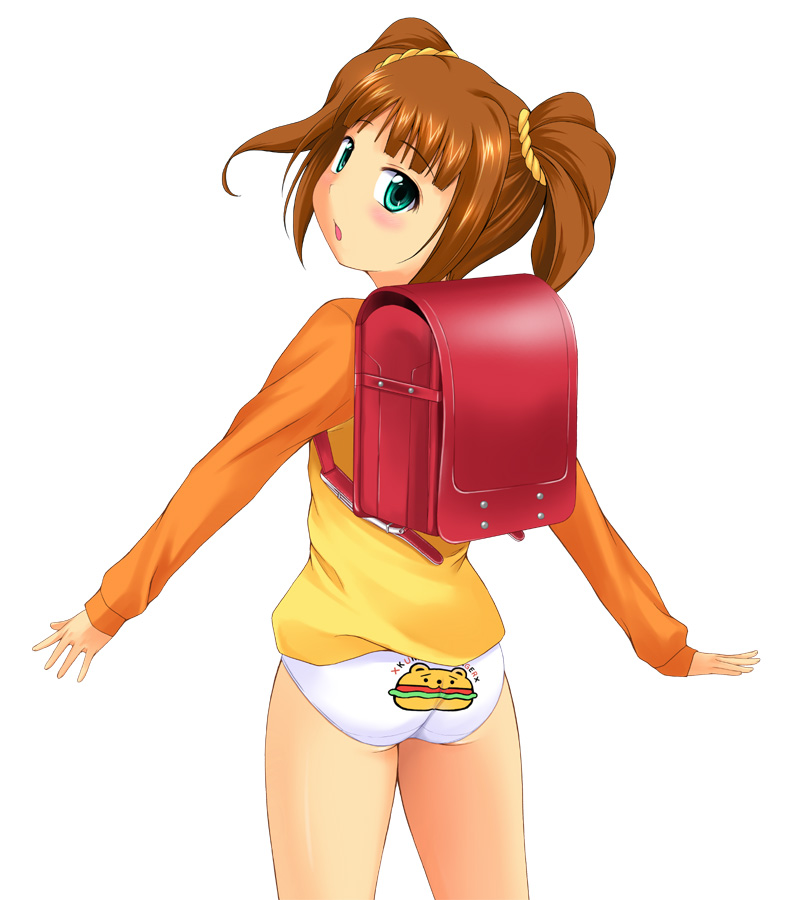 nishi (count2.4), takatsuki yayoi, idolmaster, idolmaster (classic), idolmaster 1, 00s, 1girl, animal print, aqua eyes, ass, back, backpack, bag, bear panties, bear print, blush, brown hair, clothes writing, female focus, flat ass, green eyes, looking back, no pants, panties, print panties, raglan sleeves, randoseru, short hair, solo, sweater, twintails, underwear