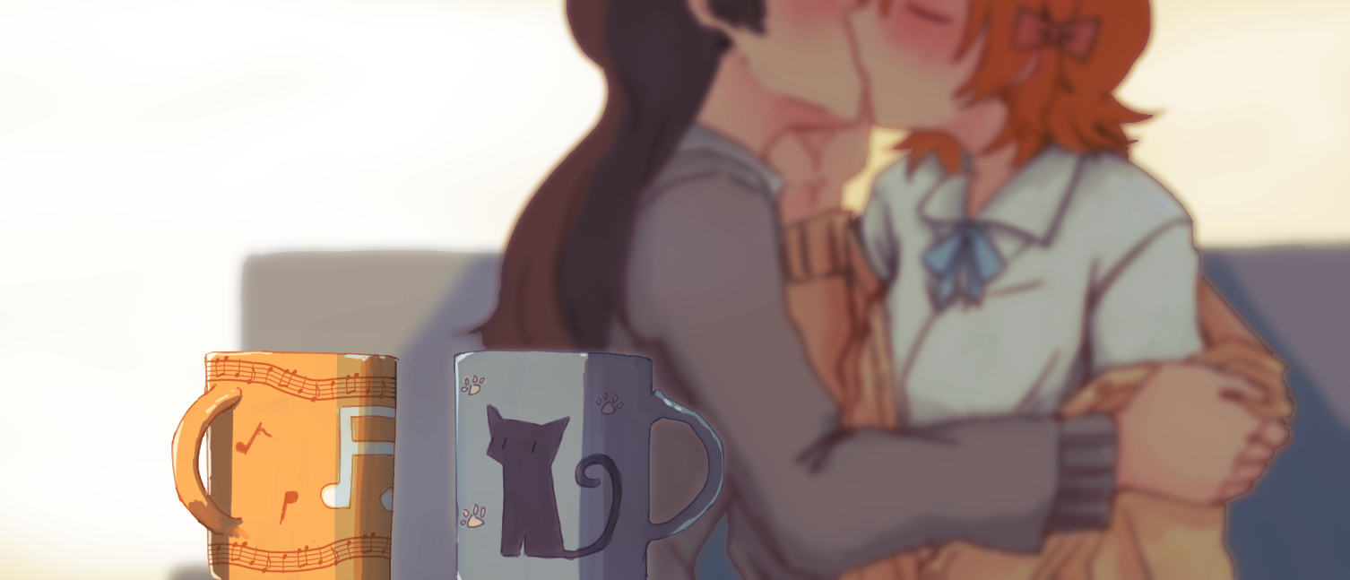 mine (4041997), kitazawa shiho, yabuki kana, idolmaster, idolmaster million live!, 2girls, blurry, blurry background, blush, brown hair, cardigan, closed eyes, coffee mug, collared shirt, cup, kiss, long hair, long sleeves, mug, multiple girls, orange hair, shirt, short hair, white shirt, yuri