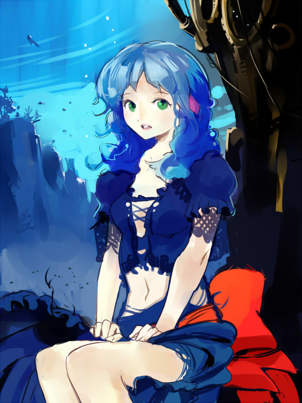 igarashi mangou, original, blue hair, dress, green eyes, long hair, midriff, sitting, solo