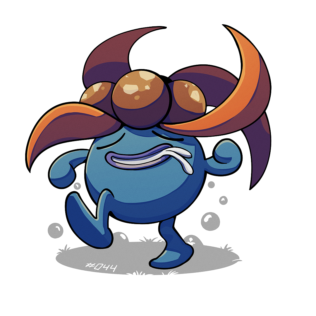 mistray-art, gloom (pokemon), nintendo, pokemon, closed eyes, no humans, numbered, pokemon (creature), simple background, solo, white background