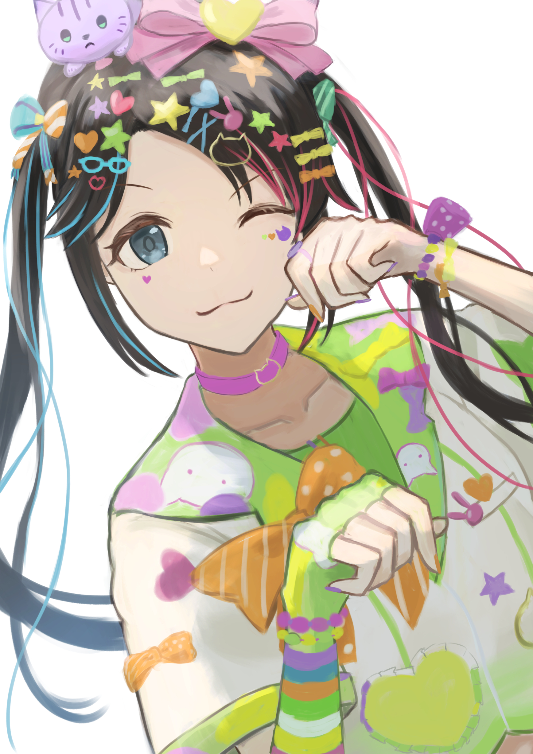 reg4lun, mitsumine yuika, idolmaster, idolmaster shiny colors, absurdres, commentary, highres, symbol-only commentary, 1girl, :3, black hair, blue eyes, bow, cat hair ornament, choker, hair bow, hair ornament, multicolored nails, multiple hair bows, multiple hair clips, one eye closed, paw pose, pink choker, portrait, sailor collar, school uniform, serafuku, solo, white background